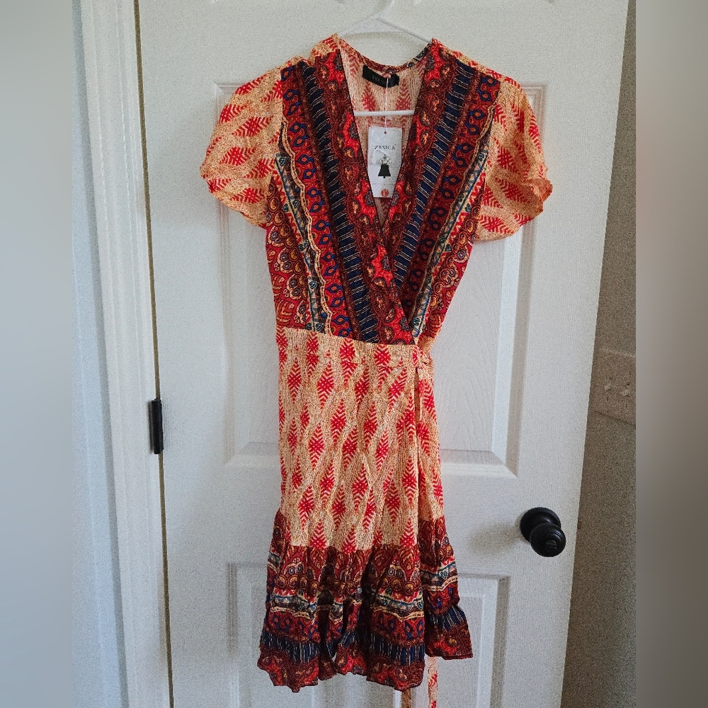 NEW Bohemian Wrap Dress Sz. L, Orange With Multicoloured Border Designs, Flowy
